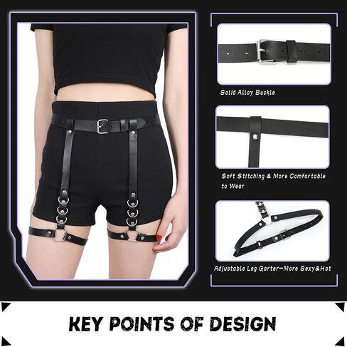حزام رباط للساق من جلد البولي يوريثان للنساء من WERFORU حزام خصر للسيدات على الطراز القوطي الصخري مع أربطة للساق (أسود E، خصر مناسب 22 بوصة - 37 بوصة ومحيط الساق 17 بوصة - 25 بوصة) in Kuwait