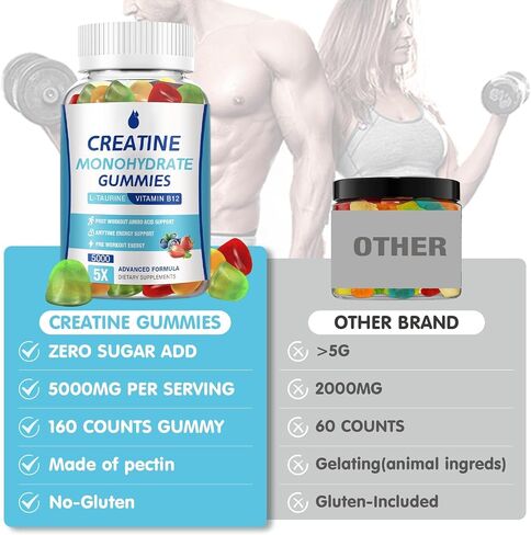 Creatine Monohydrate Gummies 5000mg for Men & Women 2 Packs, Creatine Monohydrate Chew for Boost Focus, Muscle Strength, 5g Creatine Monohydrate per Serving, Sugar Free, Vegan in Saudi Arabia