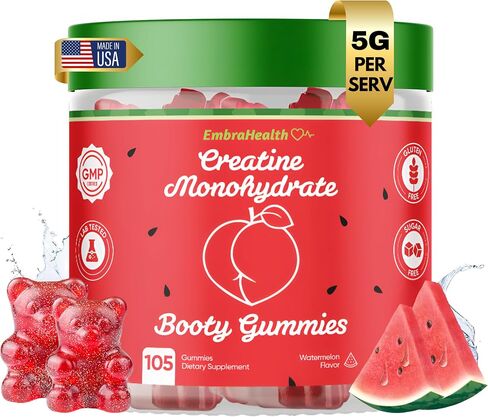 Creatine Monohydrate Booty Gummies Supplement for Women 5g, Glute Builder, Creatine Powder Alternative, Creatina Monohidratada, Gym Essentials Women - No Bloating, SugarFree, Vegan (105 Ct Watermelon) in Saudi Arabia