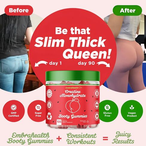 Creatine Monohydrate Booty Gummies Supplement for Women 5g, Glute Builder, Creatine Powder Alternative, Creatina Monohidratada, Gym Essentials Women - No Bloating, SugarFree, Vegan (105 Ct Watermelon) in Saudi Arabia