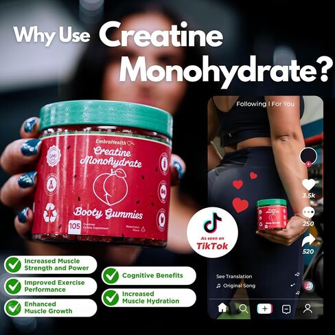 Creatine Monohydrate Booty Gummies Supplement for Women 5g, Glute Builder, Creatine Powder Alternative, Creatina Monohidratada, Gym Essentials Women - No Bloating, SugarFree, Vegan (105 Ct Watermelon) in Saudi Arabia