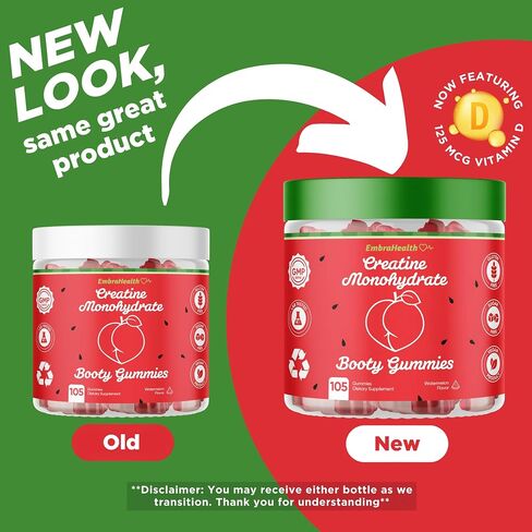 Creatine Monohydrate Booty Gummies Supplement for Women 5g, Glute Builder, Creatine Powder Alternative, Creatina Monohidratada, Gym Essentials Women - No Bloating, SugarFree, Vegan (105 Ct Watermelon) in Saudi Arabia