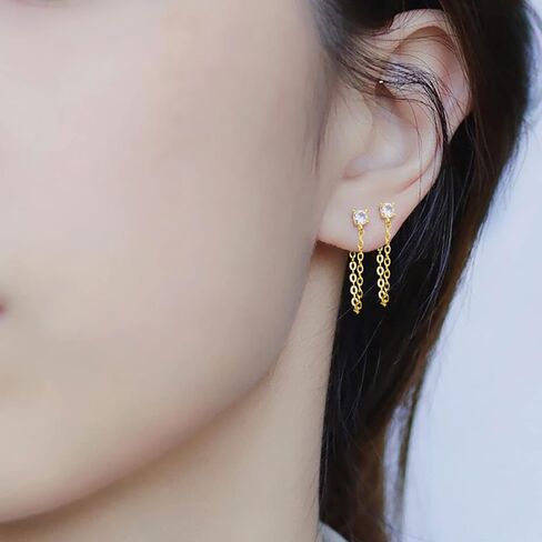 Reffeer 925 Sterling Silver CZ Chain Studs Earrings Dangle for Women Teens CZ Chain Drop Earrings Studs in Kuwait