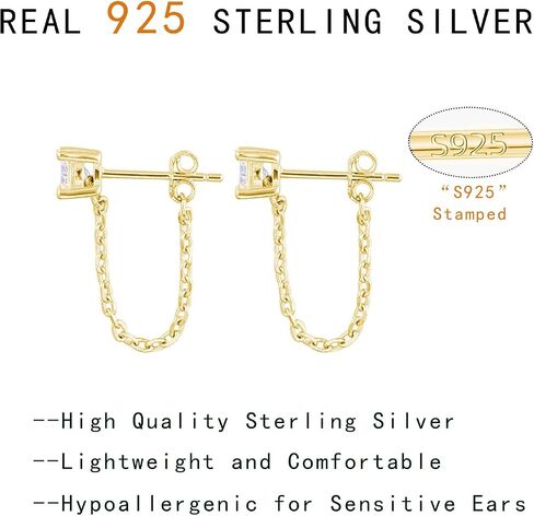 Reffeer 925 Sterling Silver CZ Chain Studs Earrings Dangle for Women Teens CZ Chain Drop Earrings Studs in Kuwait