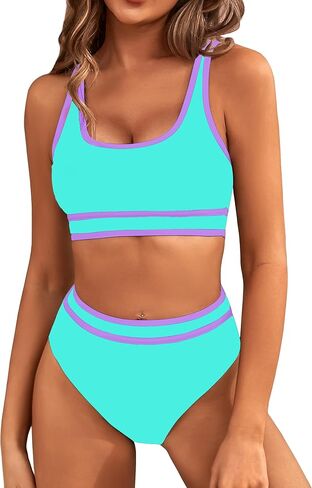 BMJL Women's High Waisted Bikini Sets Sporty Two Piece Swimsuits Color Block Cheeky High Cut Bathing Suits in Saudi Arabia