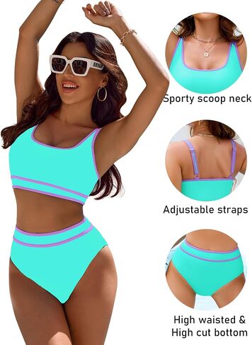 BMJL Women's High Waisted Bikini Sets Sporty Two Piece Swimsuits Color Block Cheeky High Cut Bathing Suits in Saudi Arabia