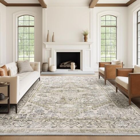 8x10 Washable Area Rug - Non Slip Vintage Rugs Soft Foldable Stain Resistant Large Carpet for Bedroom Living Room Office & Home Decor (Grey/Yellow,8'x10') in Saudi Arabia