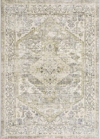 8x10 Washable Area Rug - Non Slip Vintage Rugs Soft Foldable Stain Resistant Large Carpet for Bedroom Living Room Office & Home Decor (Grey/Yellow,8'x10') in Saudi Arabia