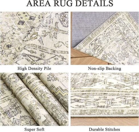 8x10 Washable Area Rug - Non Slip Vintage Rugs Soft Foldable Stain Resistant Large Carpet for Bedroom Living Room Office & Home Decor (Grey/Yellow,8'x10') in Saudi Arabia