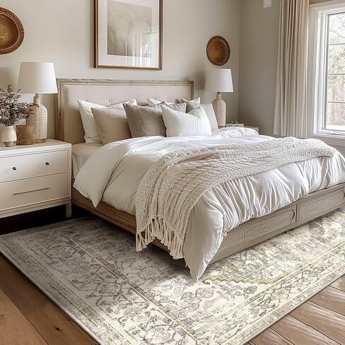 8x10 Washable Area Rug - Non Slip Vintage Rugs Soft Foldable Stain Resistant Large Carpet for Bedroom Living Room Office & Home Decor (Grey/Yellow,8'x10') in Saudi Arabia