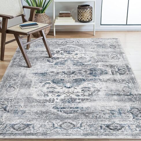 8x10 Washable Area Rug - Non Slip Vintage Rugs Soft Foldable Stain Resistant Large Carpet for Bedroom Living Room Office & Home Decor (Grey/Yellow,8'x10') in Saudi Arabia