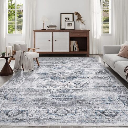 8x10 Washable Area Rug - Non Slip Vintage Rugs Soft Foldable Stain Resistant Large Carpet for Bedroom Living Room Office & Home Decor (Grey/Yellow,8'x10') in Saudi Arabia