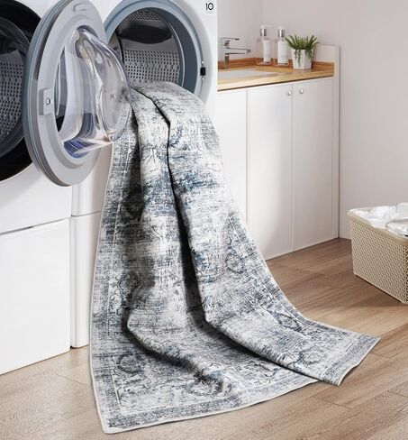 8x10 Washable Area Rug - Non Slip Vintage Rugs Soft Foldable Stain Resistant Large Carpet for Bedroom Living Room Office & Home Decor (Grey/Yellow,8'x10') in Saudi Arabia