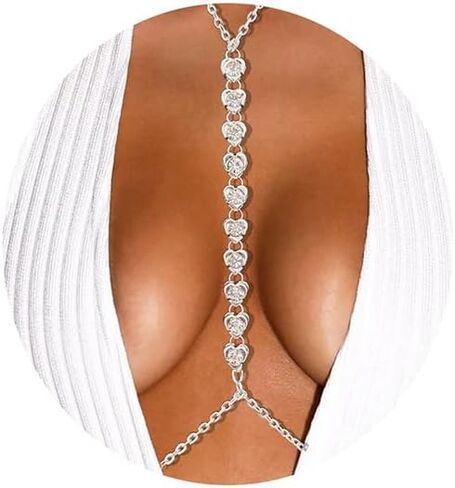 Body Chain Chest Chain Heart-shaped Rhinestone Sexy Chest Chain Fashionable Beach Bikini Body Jewelry Suitable for Women in Kuwait