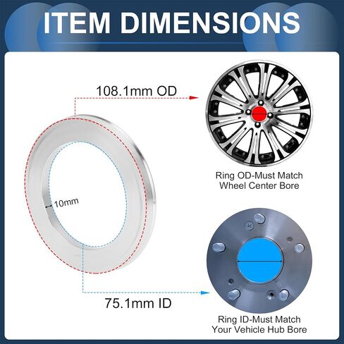 Car Wheel Hub Centric Rings OD 108.1mm to ID 75.1mm Wheels Center Shaft Shock Absorbing Hubrings Aluminium Alloy Silver Tone Durable in Saudi Arabia