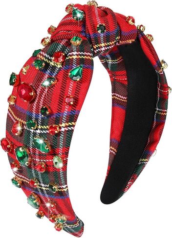 boderier Christmas Headbands for Women Red Plaid Headband Jeweled Crystal Wide Knotted Headband Xmas Holiday Hair Accessories Gifts (Red Plaid) in Kuwait