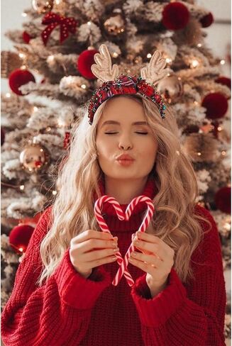 boderier Christmas Headbands for Women Red Plaid Headband Jeweled Crystal Wide Knotted Headband Xmas Holiday Hair Accessories Gifts (Red Plaid) in Kuwait