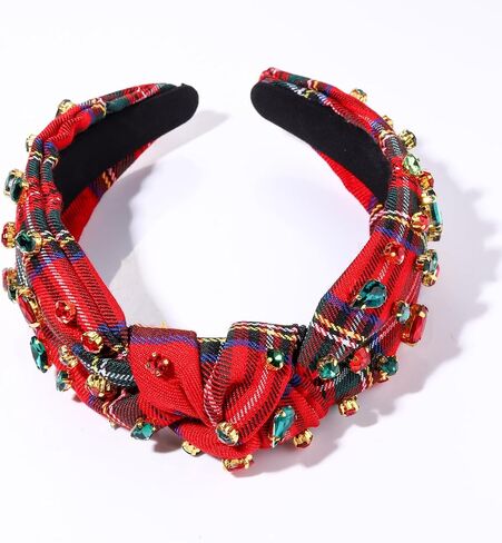 boderier Christmas Headbands for Women Red Plaid Headband Jeweled Crystal Wide Knotted Headband Xmas Holiday Hair Accessories Gifts (Red Plaid) in Kuwait