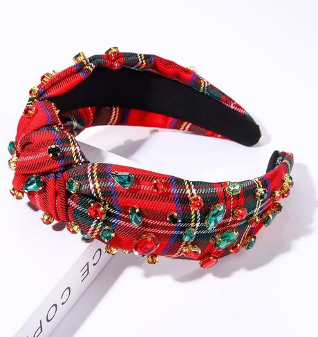 boderier Christmas Headbands for Women Red Plaid Headband Jeweled Crystal Wide Knotted Headband Xmas Holiday Hair Accessories Gifts (Red Plaid) in Kuwait