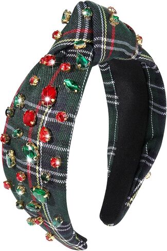 boderier Christmas Headbands for Women Red Plaid Headband Jeweled Crystal Wide Knotted Headband Xmas Holiday Hair Accessories Gifts (Red Plaid) in Kuwait