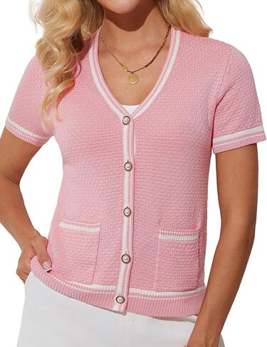 GRACE KARIN Women's Casual Short Sleeve Cropped Cardigan V Neck Button Down Open Front Knit Tweed Sweater Tops in Saudi Arabia