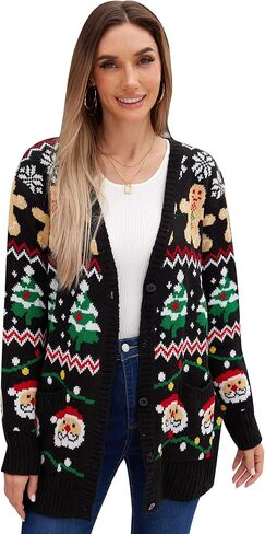 سترات نسائية للكريسماس مفتوحة من الأمام ومضحكة وقبيحة ومريحة مع جيوب وسترات خبز الزنجبيل XXL in Kuwait