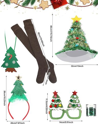 Berlune 7 Pcs Christmas Tree Costume Set for Women Christmas Outfit Dress Hat Headband Bag Glasses Frame Socks Sequins (Novel,Medium) in Saudi Arabia