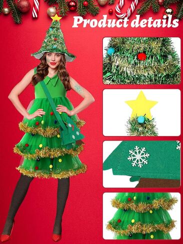 Berlune 7 Pcs Christmas Tree Costume Set for Women Christmas Outfit Dress Hat Headband Bag Glasses Frame Socks Sequins (Novel,Medium) in Saudi Arabia
