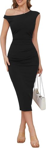 IHOT 2025 Womens Sexy Off Shoulder Ruched Bodycon Cocktail Dresses Elegant Wedding Guest Party Midi Dress with Slit in Kuwait