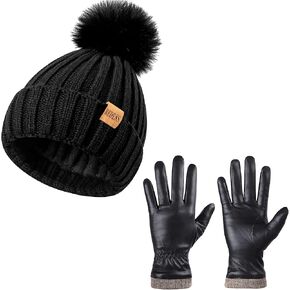 REDESS 2 Pcs Winter Hat and Golves Set Include Knit Plush Lined Trapper Hat and Windproof Waterproof Ski Touchscreen Gloves