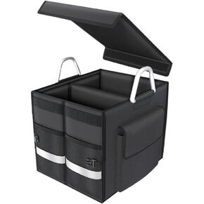 55L Car Trunk Organizer with Reflective Stripes.1680D Polyester Folding Car Organizer with Reinforced Handles, Folding and Multi-Compartment, Car Storage for SUV, Truck, Sedan (Black, 28L)