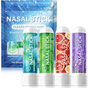 Nasal Sticks (4 Pack), Nose Inhaler Stick with Essential Oils + Menthol (Mint, Wintermint, Tropical, Lavender) - Enhance Focus & Breathe Better, Provides Fresh Cooling Sensation