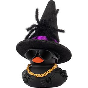 wonuu Car Dashboard Decorations Spiders Witch Rubber Ducks for Halloween, Duck for Office Desk Ornament Accessories with Hat, Glasses, Chain, Plush and Plastic Spider, Black