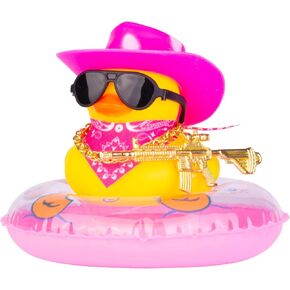 Cowboy Duck Car Dashboard Decoration Swim Ring Car Rubber Duck Ornament Accessories with Mini Swim Ring Cowboy Hat Scarf Necklace and Sunglasses(B14)