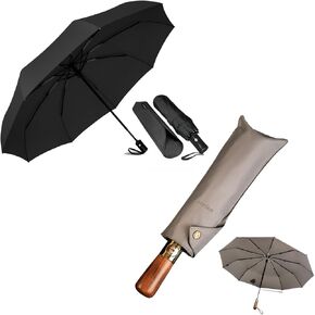 SIEPASA One 42“ Portable Automatic Black Umbrella +One 51" Automatic Large Wooden Travel Grey Umbrella