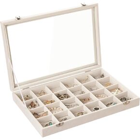 Frebeauty Velvet Jewelry Tray,35 Grid Jewelry Organizer with Clear Lid,Earring Holder Organizer Case with Clasp,Drawer Insert for Rings Studs,13.8 x 9.5 x 2 Inches,Gift for Women Girls(Beige)
