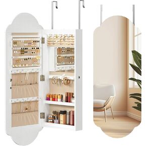 HOOBRO Wide Jewelry Cabinet, LED Jewelry Organizer Wall/Door Mounted, Hanging Jewelry Cabinet Mirror with Storage, Lockable, Interior Mirror, 4.1 x 16.5 x 42.5 Inches, Christmas Gifts, White WT03JC04