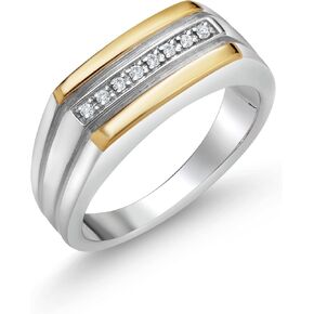 Gem Stone King Men's 925 Sterling Silver and 10K Yellow Gold White Lab Grown Diamond Ring For Men | 8MM Width | Available in Size 7,8,9,10,11,12,13