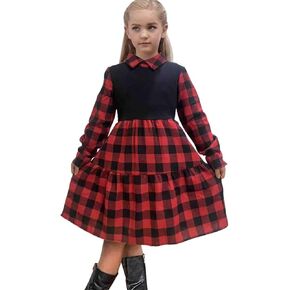Girls Christmas Plaid Shirt Dresses Flannel Buffalo Check Long Sleeve Collared Tiered Dress, 6-12 Years