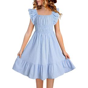 blibean Girls Summer Cotton Dresses Tween Ruffle Double Layer Sleeve Sundress Size 6-15 Years