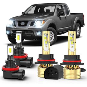 مصابيح ضباب LED متوافقة مع Nissan Frontier 2005-2019 9007 شعاع عالٍ/منخفض + مصابيح ضباب LED H11 6000K أبيض 70W 11000LM سطوع 500%، التوصيل والتشغيل، حزمة من 4