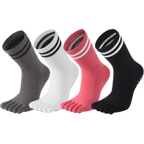 4Pairs Grippy Yoga Socks for Women – Full Toe Cotton Crew Pilates Socks with Non Slip Sticky Grip Bottom,Nice Gifts for Yoga,Barre,Pilates,Dance,Exercises and indoor walking.(Black/Pink/Grey/White)