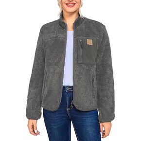 Women's Fleece Sherpa Jacket, Fuzzy Long Sleeve Casual Coat, Zip Up Warm Winter Fall Outerwear with Pockets