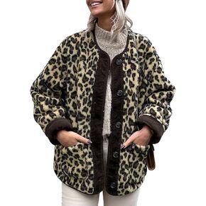Flygo Women's Leopard Fuzzy Sherpa Fleece Jacket Casual Corduroy Patchwork Long Sleeve Button Down Coat Outerwear with Pocket in Kuwait