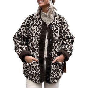 Flygo Women's Leopard Fuzzy Sherpa Fleece Jacket Casual Corduroy Patchwork Long Sleeve Button Down Coat Outerwear with Pocket