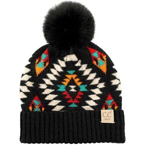 C.C Kids' Suede Patch Snuggly Soft Warm Knit Pom Cuff Beanie