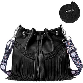 Sunwel Fashion Women Bucket Fringe Hobo Bag Western Purse Vegan Leather Tassel Hippie Shoulder Crossbody Bag