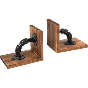 Rustic Decorative Wooden Tabletop Farmhouse Bookends for Heavy Books with Modern Industrial-Style Pipe Office Desktop Bookshelf Organizers Stoppers Holder Nonskid Shelf Decor 1-Pair (Dark Brown)