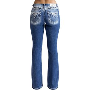 Miss Me Women's Pretty in Paisley Faux Flap Pocket Mid-Rise Bootcut Jeans