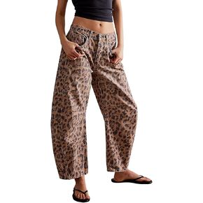 Women Leopard Barrel Jeans Casual Wide Leg Baggy Panst Y2k Boyfriend Mid Rise Denim Ankle Pants